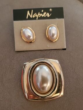 Napier Gold-Tone Oval Pearl Clip Earrings - White Pearlescent With Brooch